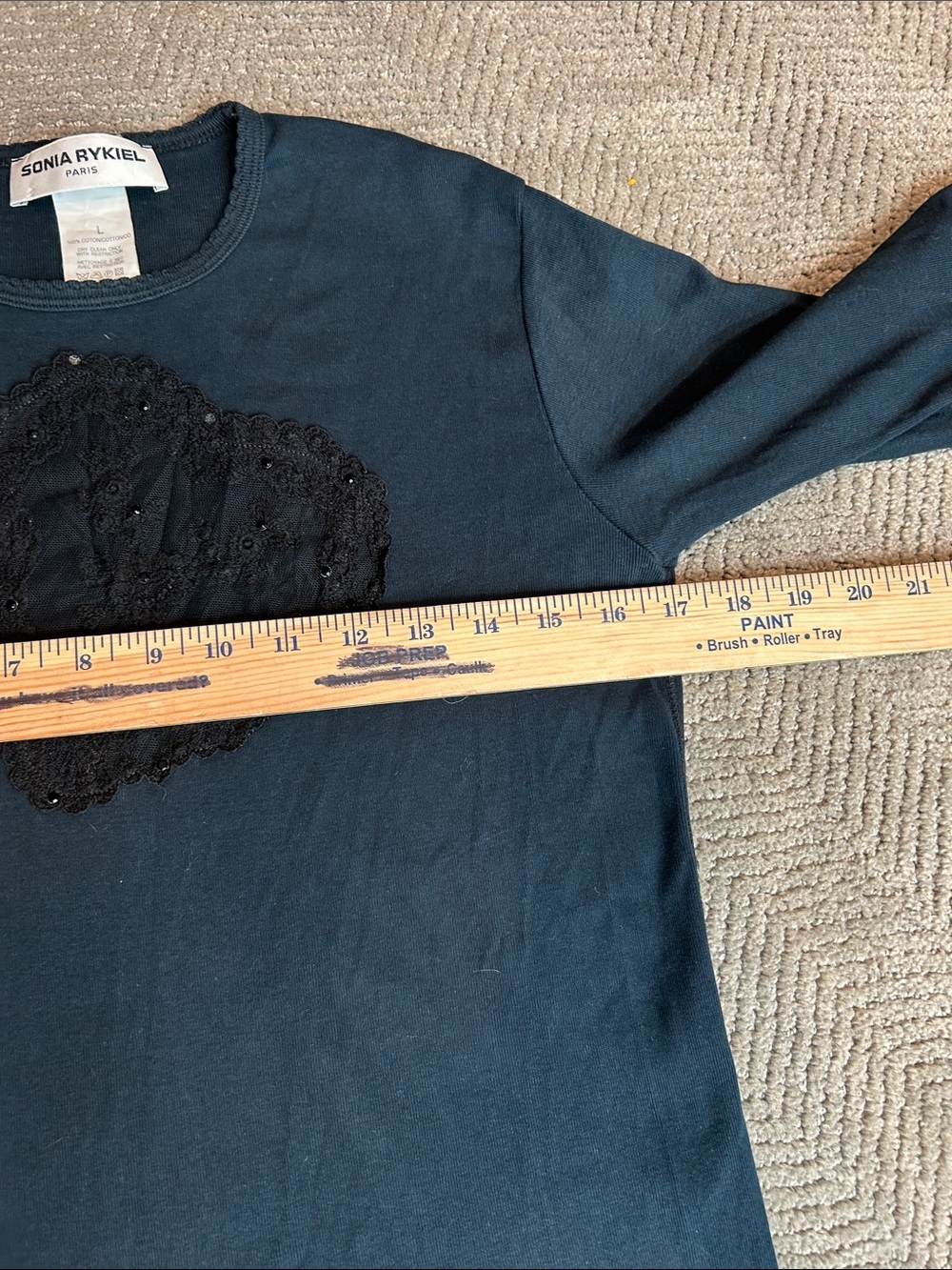 Sonia Rykiel Navy Crewneck Sweater with Black Lace Heart three-quarter sleeve L - Picture 5 of 8